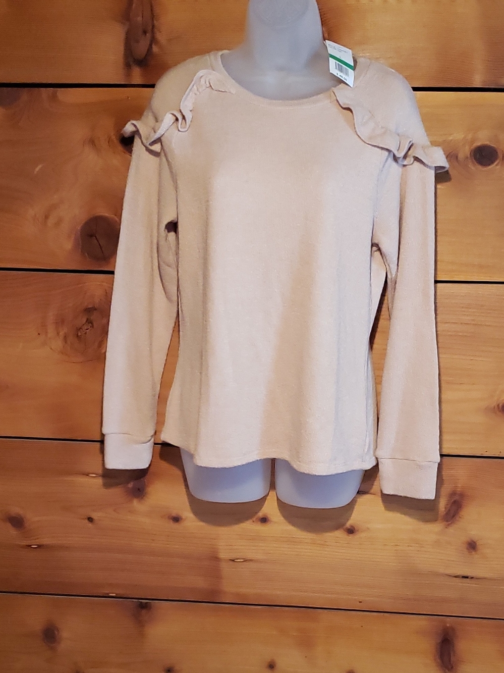 june & hudson Pale Beige Ruffle-Shoulder Crew Sweater